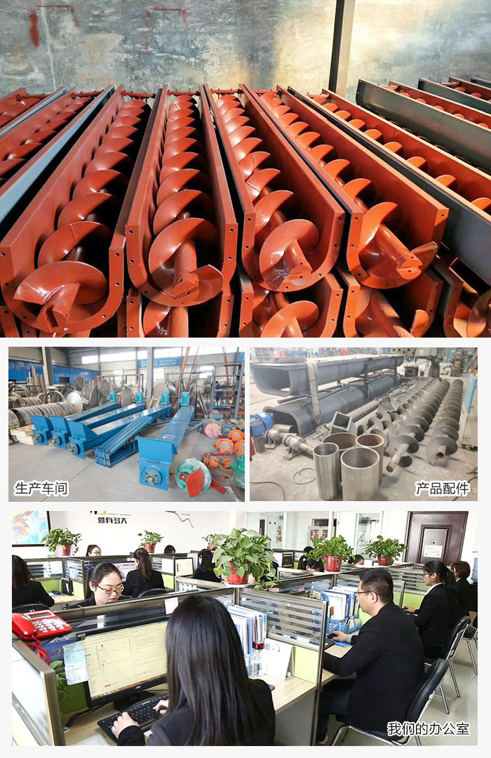 絞龍螺旋輸送機產品，廠區，以及辦公場地展示圖。